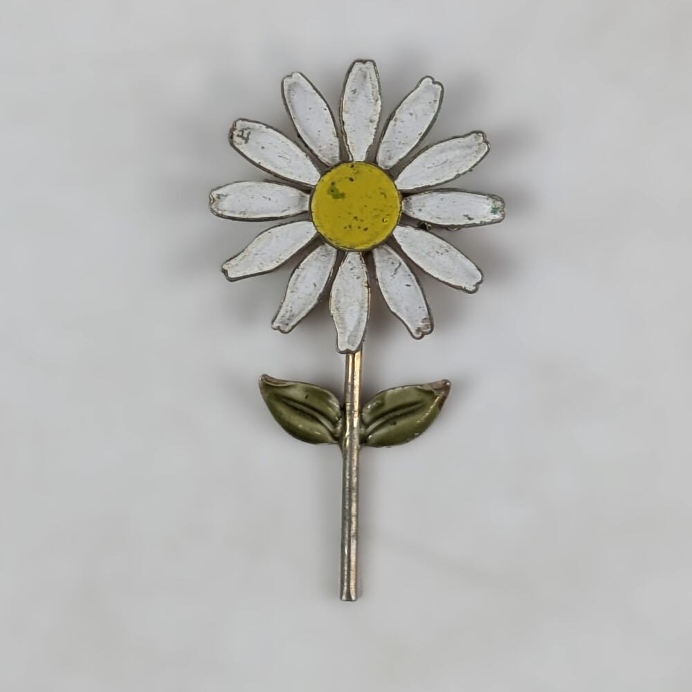 Vintage White Daisy Brooch Enamel Flower Pin Retro 1960s Jewelry Mid Century